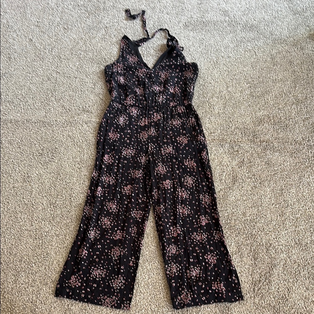 LOFT Black and Pink Floral Jumpsuit with Relaxed Silhouette